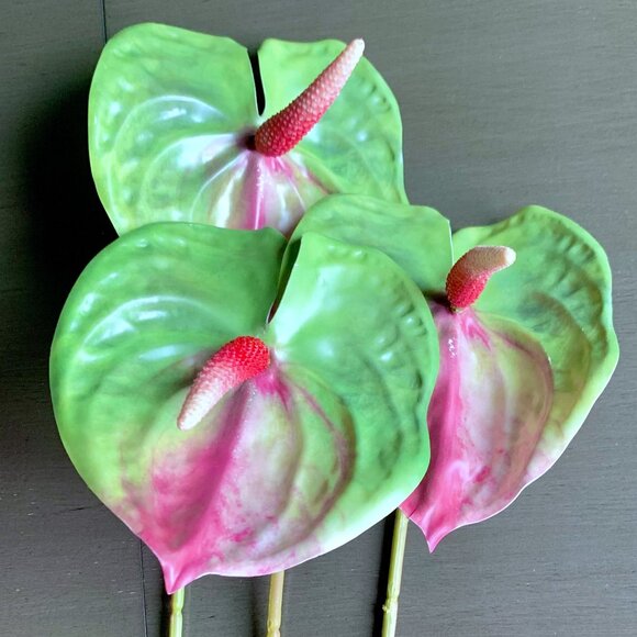 Gorgeous 3 Stems 22.5" Artificial Faux Multicolor Variegated Anthurium Flowers - Picture 7 of 16